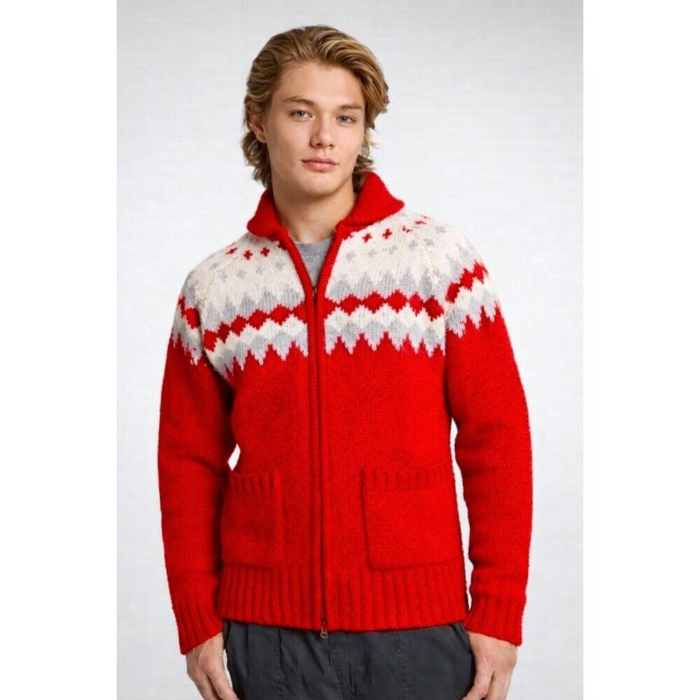 Wool Blend Men Fair Isle Knit Full Zip Cardigan Sweater Alpine Design Large A500